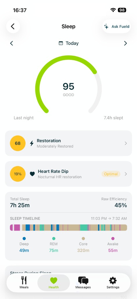 Sleep dashboard in the Fueld app